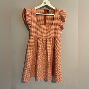SHEIN orange & white‎ Gingham Plaid Midi Sundress with Ruffled Sleeves XS